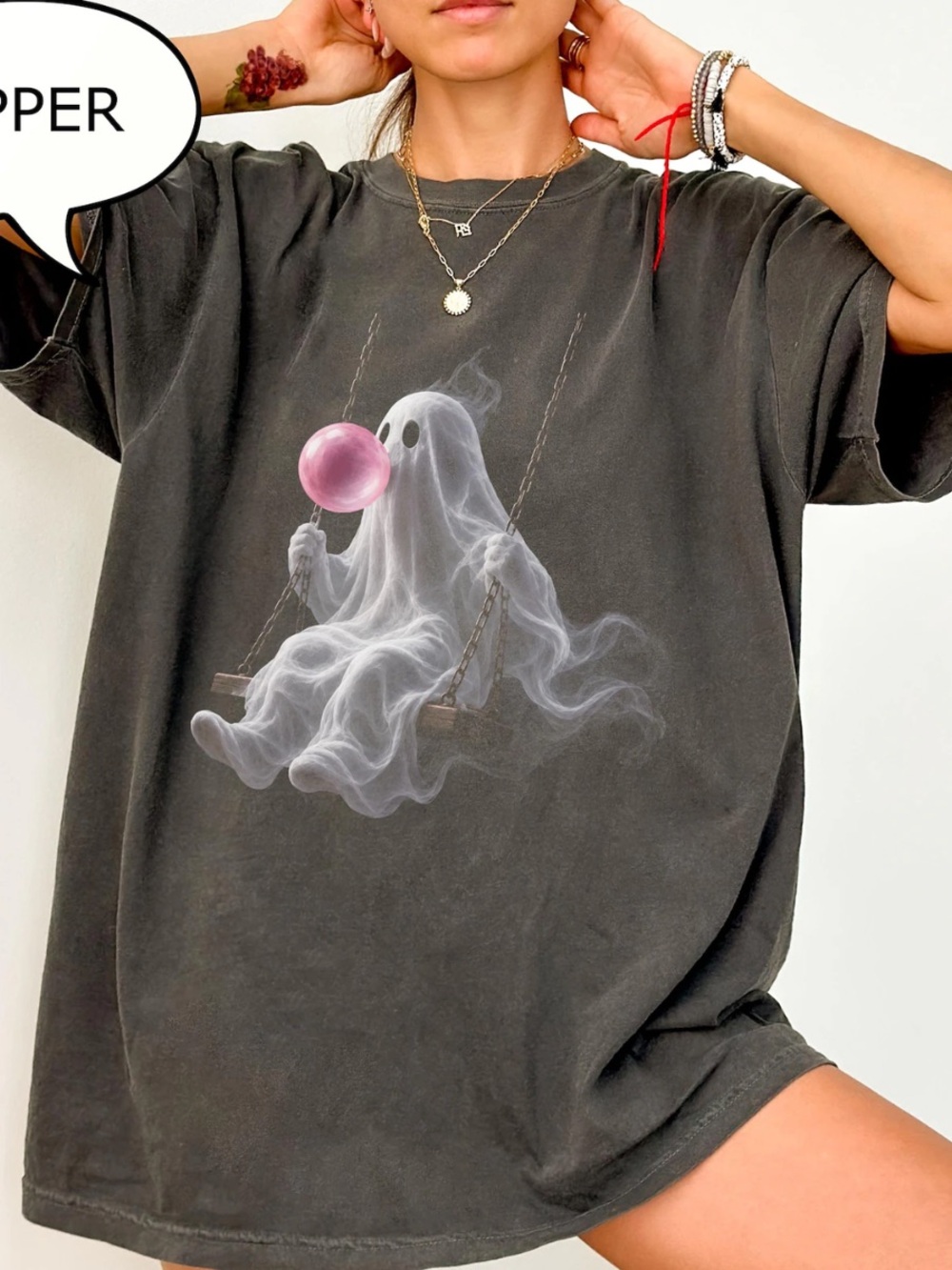 Comfort Colors Pepper Short Sleeve Tee with Ghost Swing Graphic and Pink Bubble